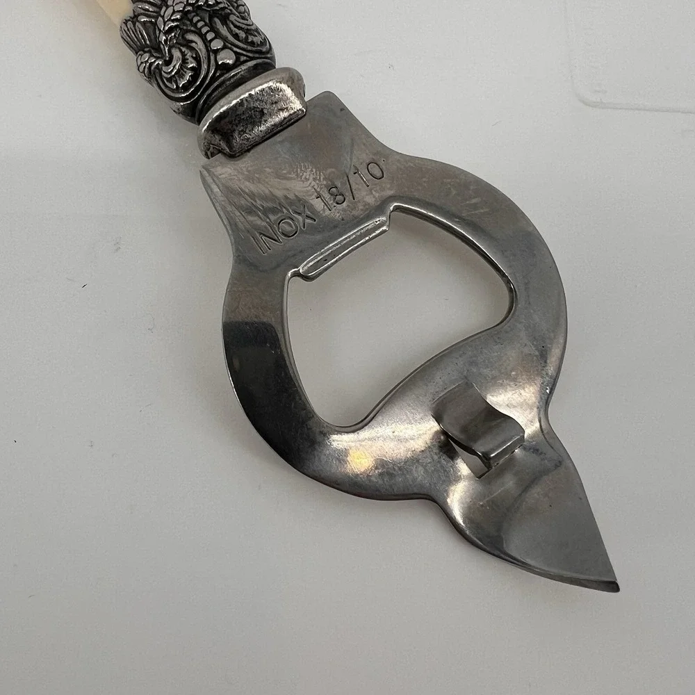 Vintage INOX 18/10 Bottle Opener Ornate Metal Cream‎ Handle Barware Bar